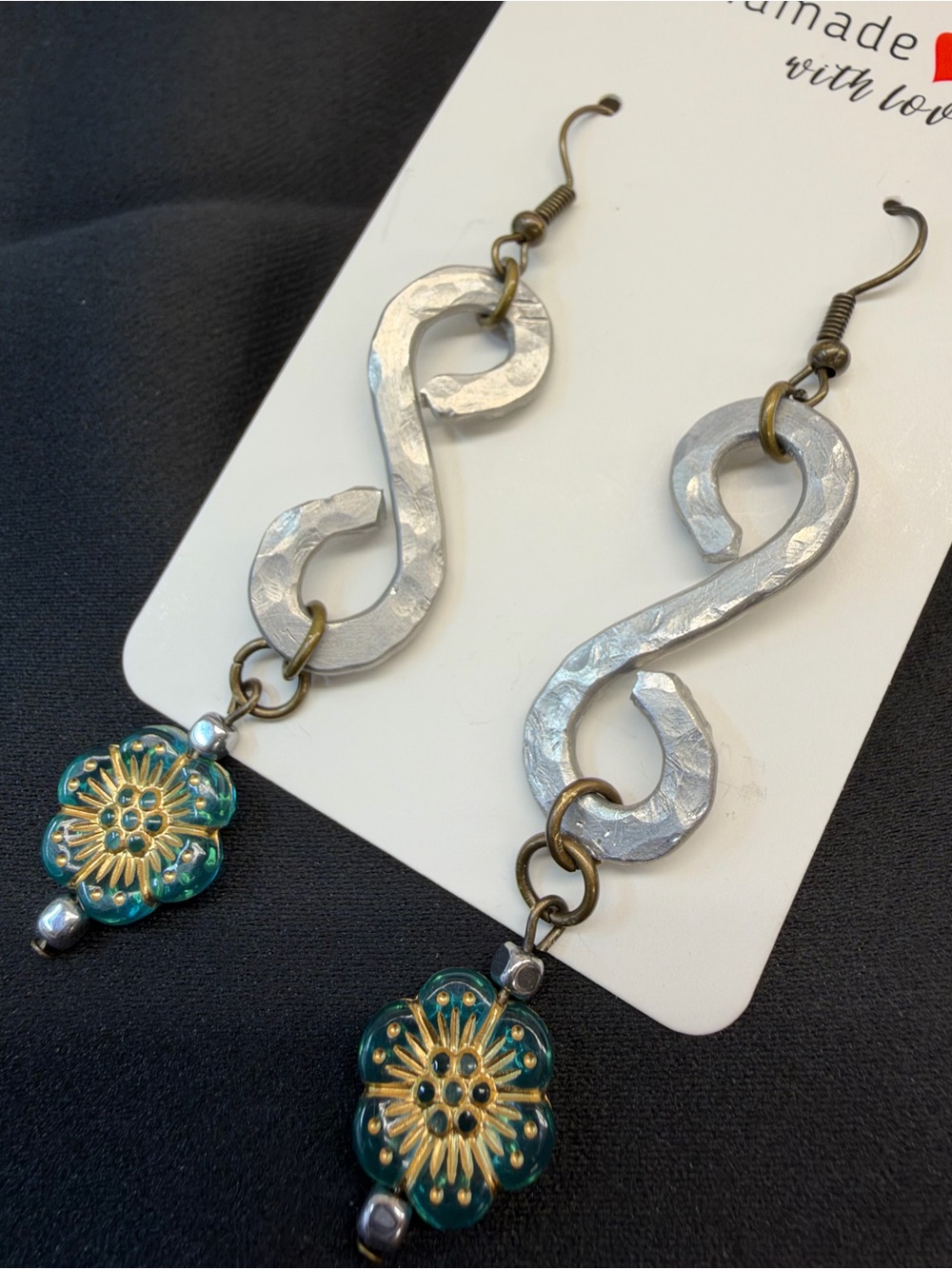 Handmade Silver-Tone Hammered Aluminum S-Shaped Earrings with Teal Flower Drops